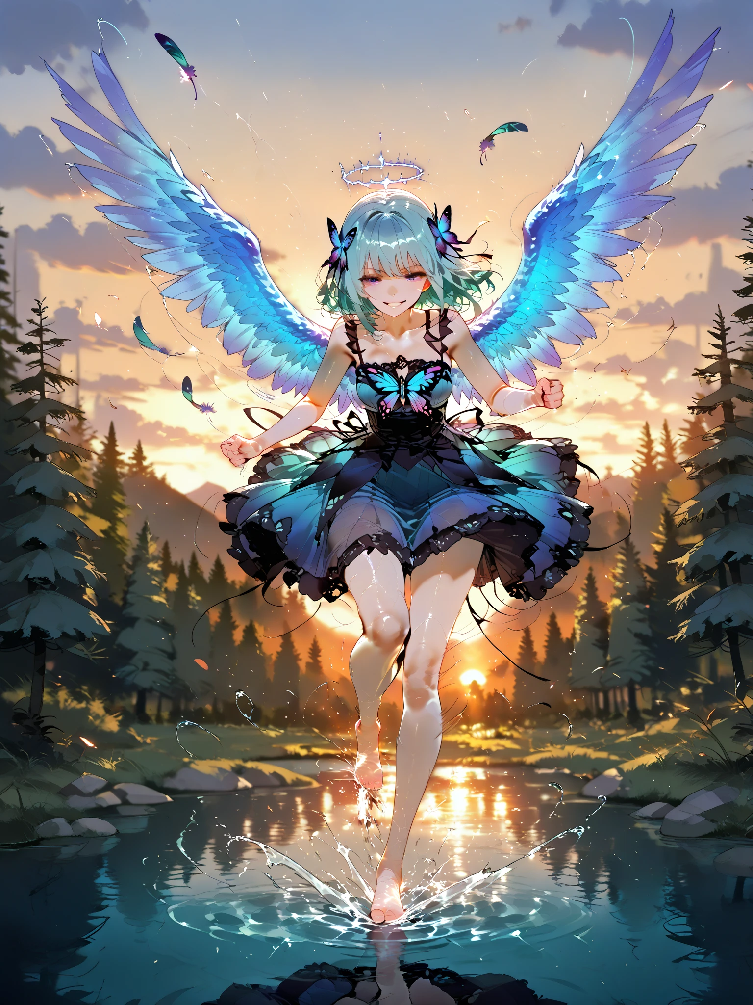 (Best Quality, Masterpiece: 1.1), (Realistic: 1.4), Beautiful naked schoolgirl is riding on the purple turtle, god ray, teen, silver short hair, blue eyes, full body, from below, hourglass body shape, flying over the park, crystallineAI, fractal art, splash