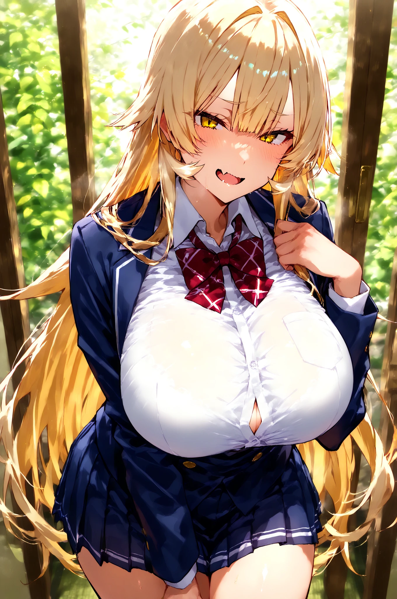 masterpiece、Highest quality、Best image quality、High resolution、Big Breasts、、School-Uniform、Red tie、Summer clothes、Blonde、Yellow Eyes、Long Hair
