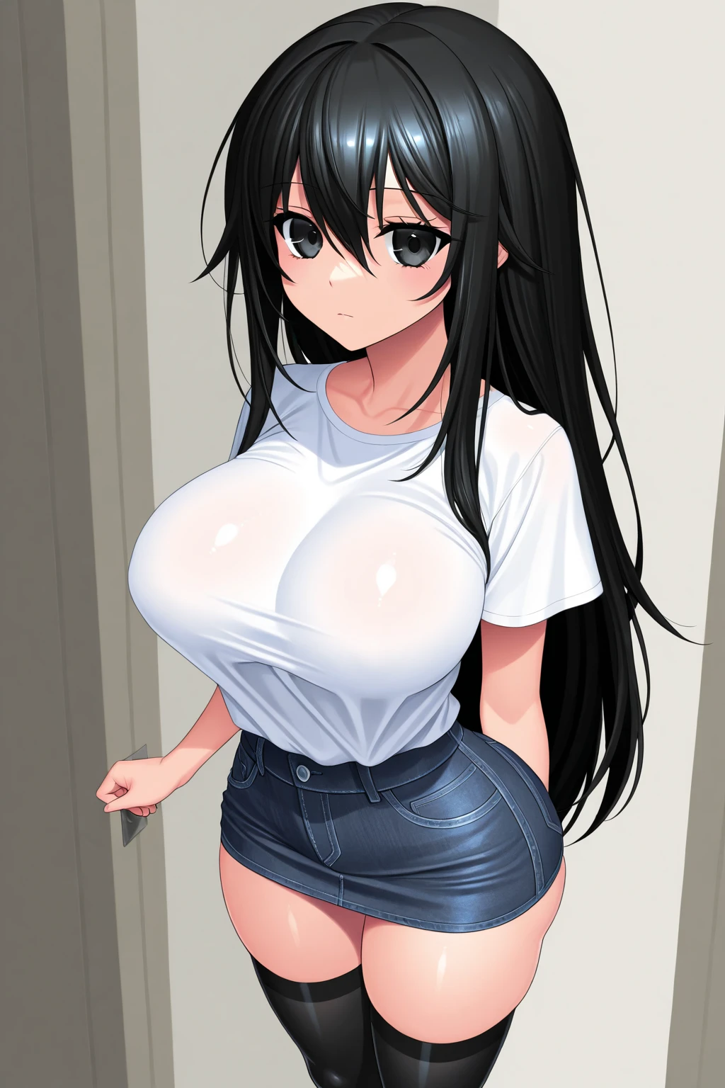 8k, highres, ultra detailed, (masterpiece:1.4), best quality, symmetrical body, (topless:1.4), (short latex skirt:1.4), choker, cute, solo, earrings, long hair, dark purple hair, brown eyes, glow effect, finely eye, grinning, wide smile, detailed face, looking at viewer, smilling at viewer, bathroom, angled view, big breasts, teasing, seductive look