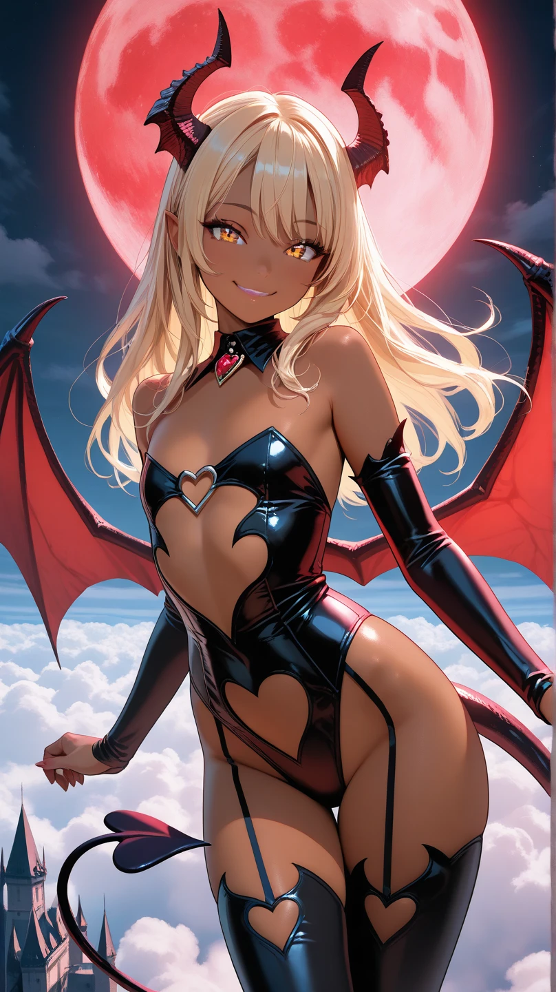 (high quality, 8k, 4K, high contrast, artwork:1.2, high quality, best aesthetics), ((1 woman)), erotic, sensual, mature body, super detailed, beautiful face detailed, detailed beautiful mouth, perfect breasts, wide thighs, sexy body, white hair, long white hair, straight white hair, red eyes, long eyelashes, serious expression, dominant, penetrating gaze, red lipstick, long dark red dress, neckline, blood wings, red halo, centered, standing erect, looking at the viewer.