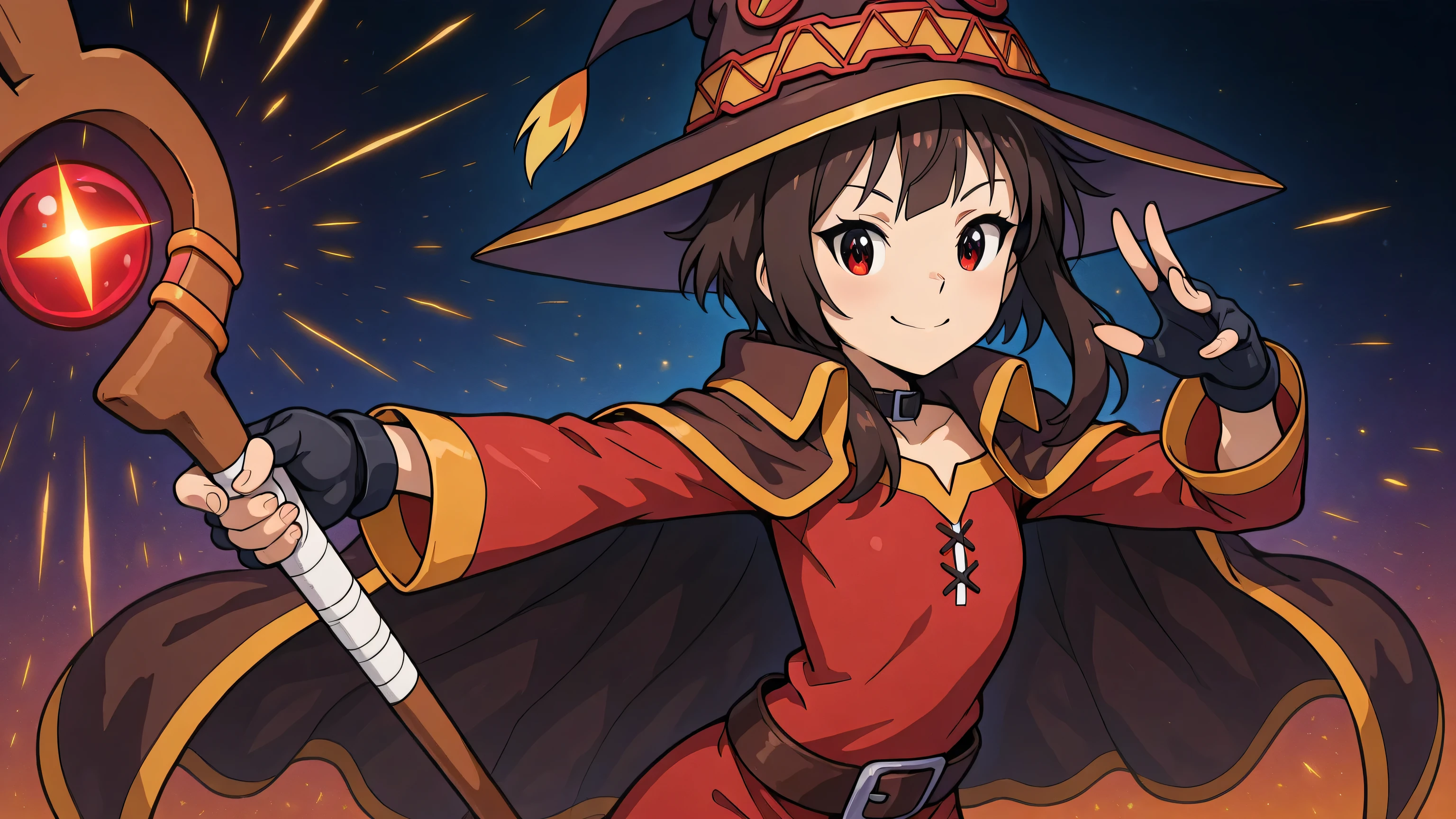 masterpiece, лучшее качество, 1 girl, One, eyelashes, (beautiful eyes), focus, Шорты под юбкой We4resob4ck, "Silverkopf", flat chest, (skinny), Megumin, One, looking at the viewer, smile, red eyes, black hair, short hair with long strands, gloves, witch hat, red dress, black gloves, fingerless gloves, raincoat, gatekeeper, (upper body), smile, looking at the viewer, gradient background, orange glow, (dynamic pose, leans forward),