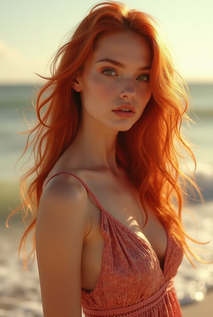 A mermaid with long, straight red hair , greeneyes , brown skin, fuchsia pink syrup, sensuous , A luz do sol ,sitting not sea