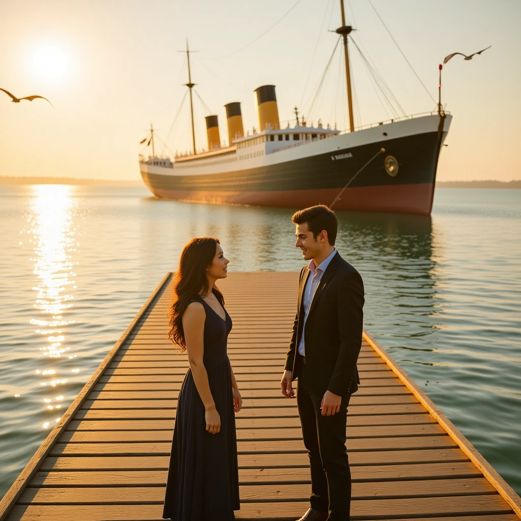 hyper realistic image of Celine Dion(younger in 1997) standing, with the Titanic ship passing behind her, she is posing smiling for the camera, wearing a red dress of the time, she is together with a black man, dark skinned, fat, bald , wears a black beard, big head, wears square prescription glasses that he is hugging her from behind, holding her waist and dressed like Jack, seen from the front, full body, in the year 1912, photograph with an old period look