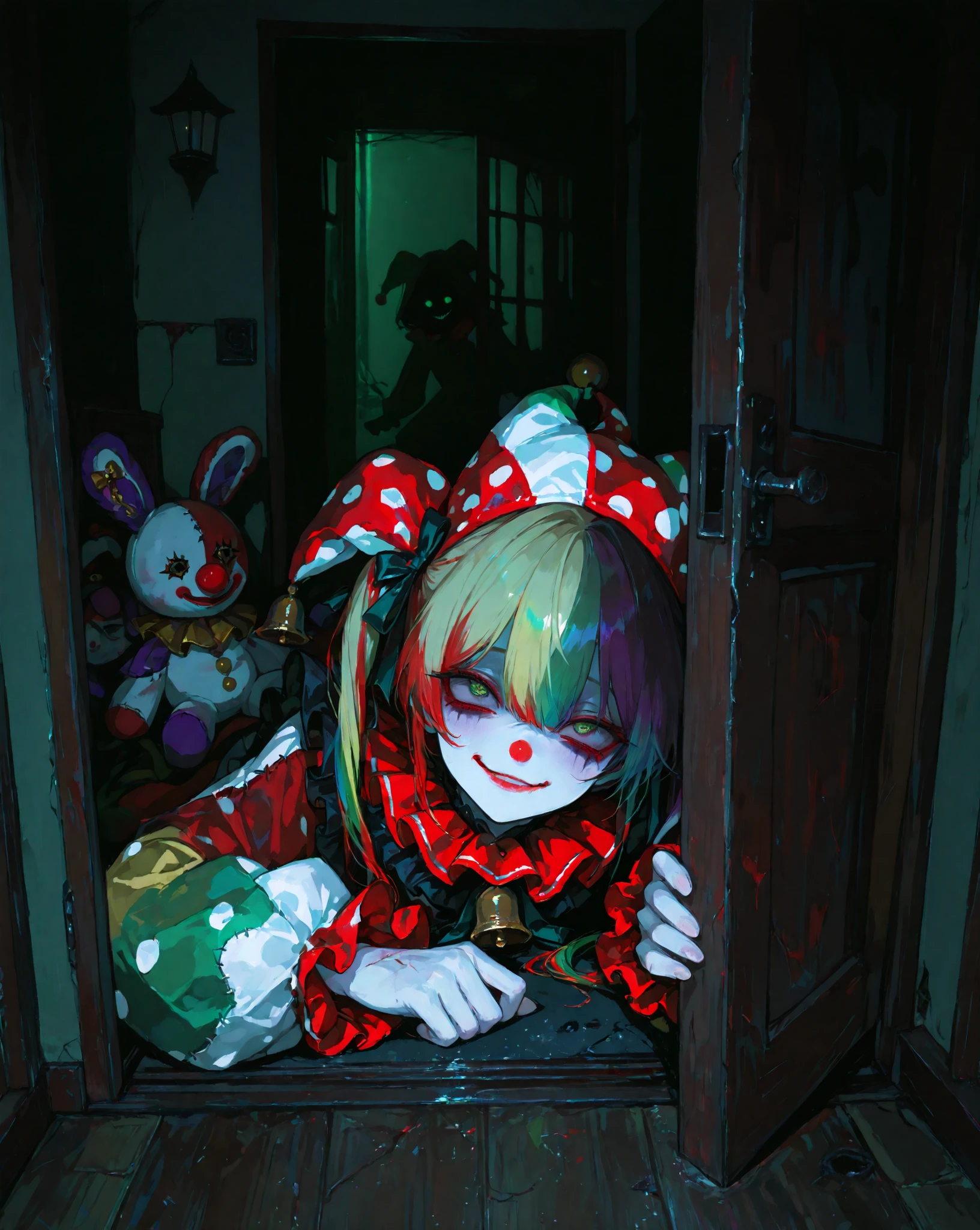 Create a dark and fantastic image of a person with the face of Jungkook from BTS. The left eye should be light blue with a green center., and the right eye is red. The boy has pink rabbit ears and fangs. Half of her hair is pink and the other half is reddish orange.. He is dressed as a clown and his skin is light. The scene must be disturbing, with elements like a pumpkin, a stuffed animal and peculiar foods on the table. The background should include whimsical decorations and lights