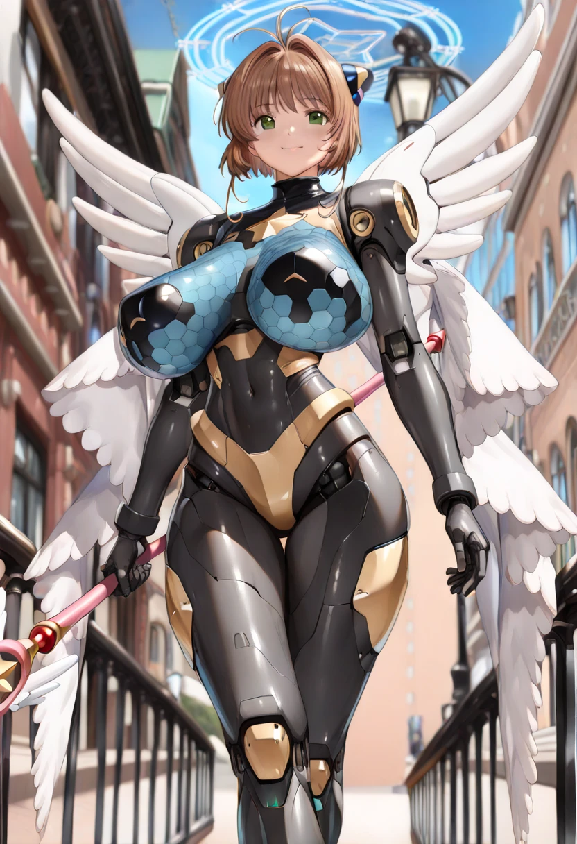 (((masterpiece))), (((best quality))), ((ultra-detailed)), (illustration), ((an extremely delicate and beautiful)), ((super detail)), ((high resolution)), (((20 years old))), metallic cloth, (maid), (android), ((mechanical wings)), delicate metal decorations, gleaming skin, shiny body, two legs, breast focus, (((tall))), slender legs, ((big round eyes)), cute eyes, drooping eyes, ((adult)), two hands, five fingers, no extra hands, elegant smile, braid, medium length hair, ((metallic blue)), (see-through), (dark blonde), (ultra-huge breasts), (((safe for watch))), (shining brightly), outdoor, mini skirt, city, daytime, ((biopunk)),