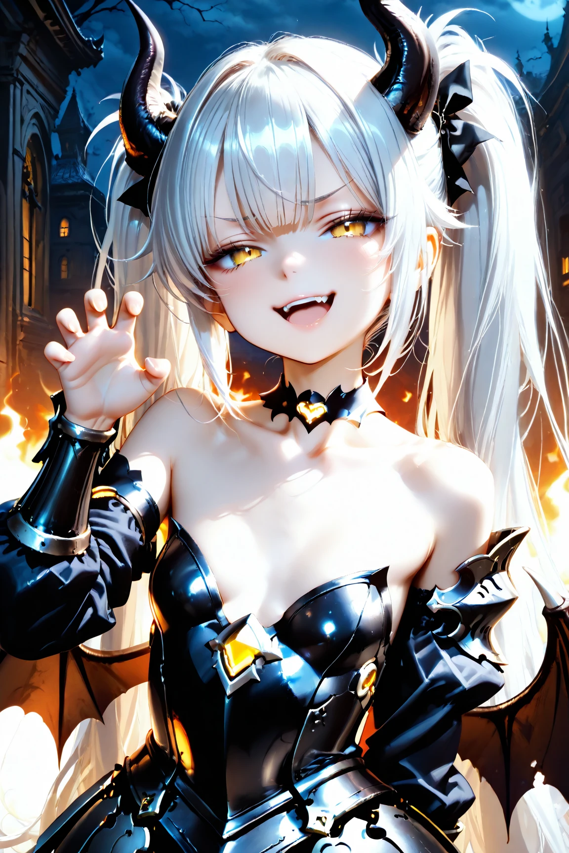 uma mulher linda de cabelos escuros usando roupa preta de couro, face de maldade pura, Evil laughter, olhos vermelhos, posando pra foto, ultrarealista, ambiente com pouca luz e tochas de fogo em volta com mostros ao fundo da imagem em paisagem distante