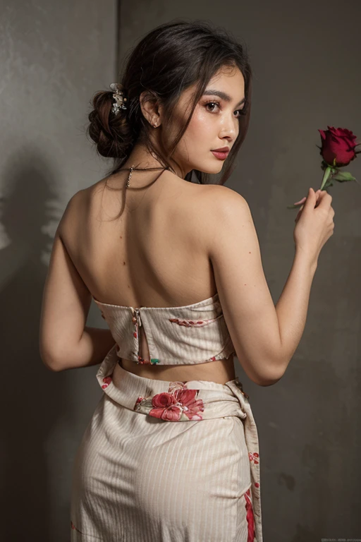 Flower dress, smiling, whole body, heeled shoes. hair with ponytail