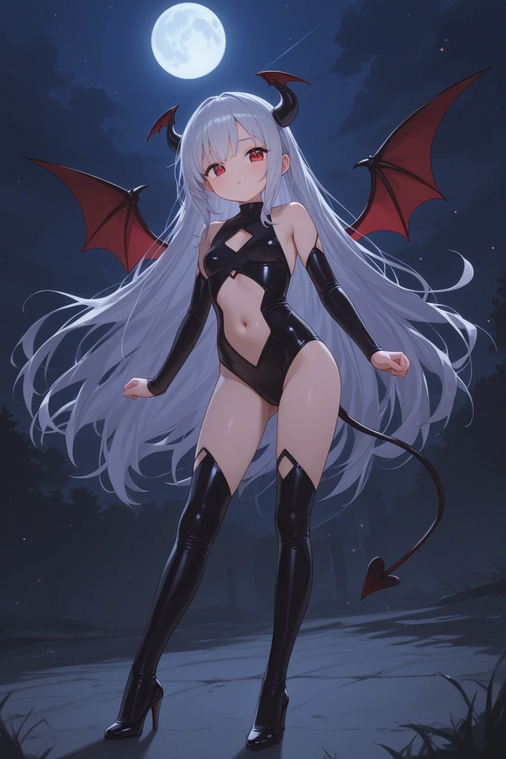 , short white hair with 2 very long black horns, red eyes with an angry expression on her face, clothing in the form of a one-piece black leather swimsuit, defined and thin legs like a model, thin torso with the . black leather boots with high heels, long black painted nails, open mouth with vampire fangs sticking out and tongue sticking out, black dragon wings, black tail coming out of the waist from the back in the shape of a heart in tip,