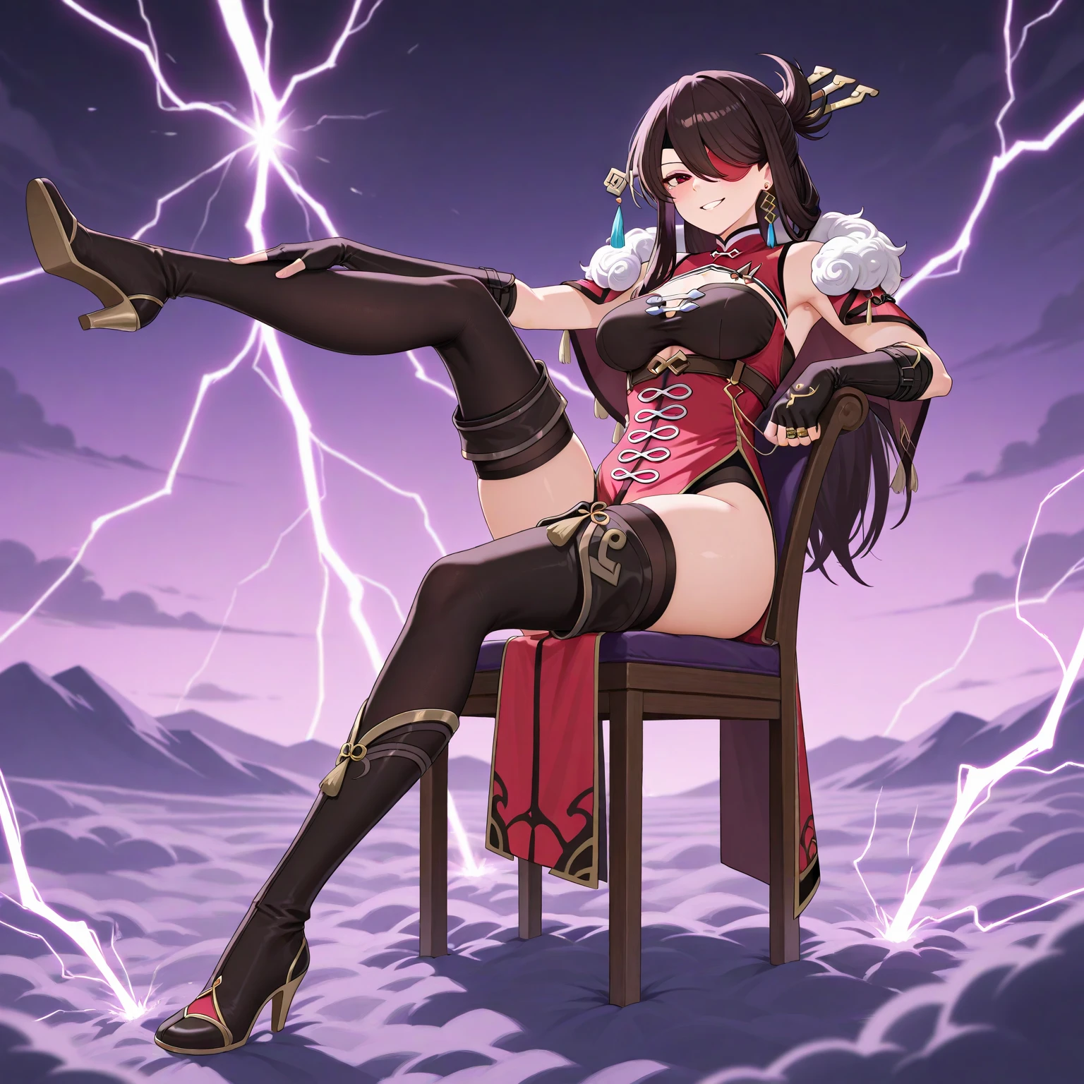 full body, castle, Cheongsam, stand-up collar, master piece, best quality, 1 woman, mitake ran, , black hair, short hair, military jacket, , short skirt, pearl earrings, , evil smile, evil eyes, knee-high boots, voluptuous bust, large ass, ,tartan check skirt, red skirt, dark coat, two tone color hair, cape, epaulettes, abyss,, chain, belt, nipple piercing, glowing tattoo, public tattoo,