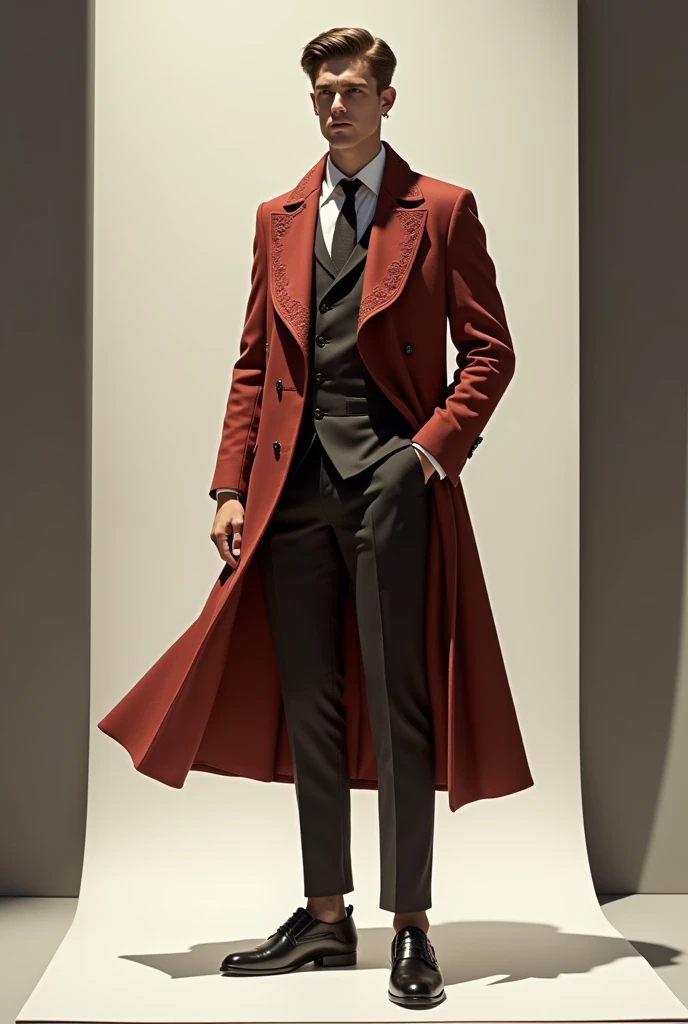 vetnau, 1boy , boy handsome, Haute_Couture, wearing Haute_Couture, posing for a picture, fashion show, Long shaped face, angry, crazy, dark red eyes, short hair, catwalk \(walkway\), , colorful, vivid colors, masterpiece, best quality, absurdres, highest quality, amazing details, 8k, aesthetic <lora:vetnau:0.6>