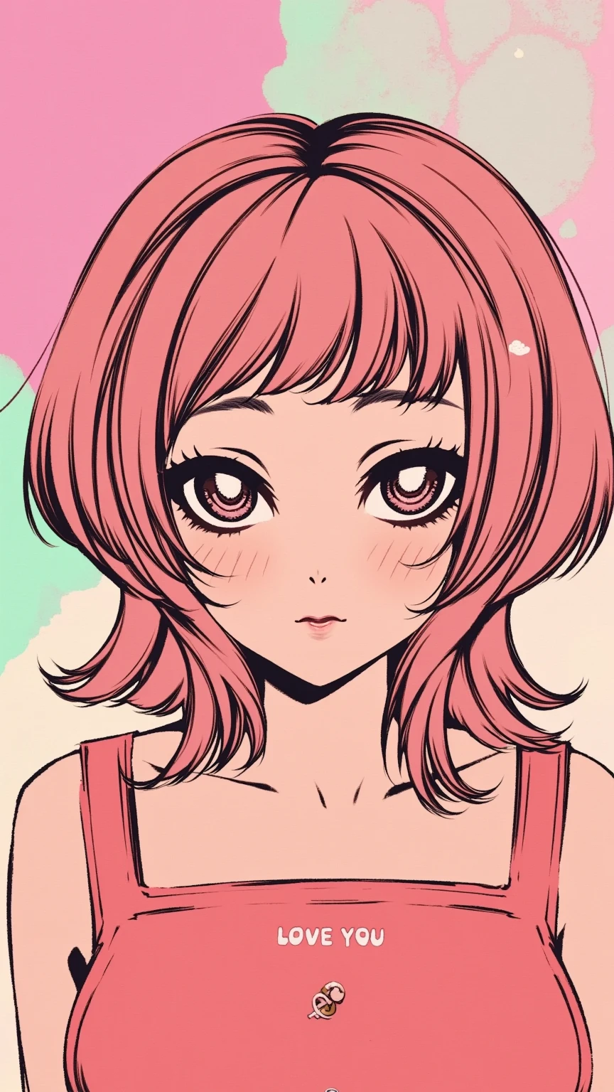 1 femboy, green eyes, very Short hair, pink choker, lipstick, Shy, pink hair , tomboy Pixie haircut, femboy hooters, face portrait , flat chest, ponytail