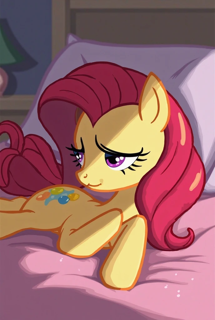 there is a cartoon picture of a pinkie pony sitting on a red blanket, fim still, windy mane, pinky pie my little pony, giddy smirk, slightly smiling, naughty expression, pinkie pie equine, very sleepy and shy, looking exhausted, slight smirk, nefarious smirk, lumpy skin, sleepy expression, holding a pudica pose
