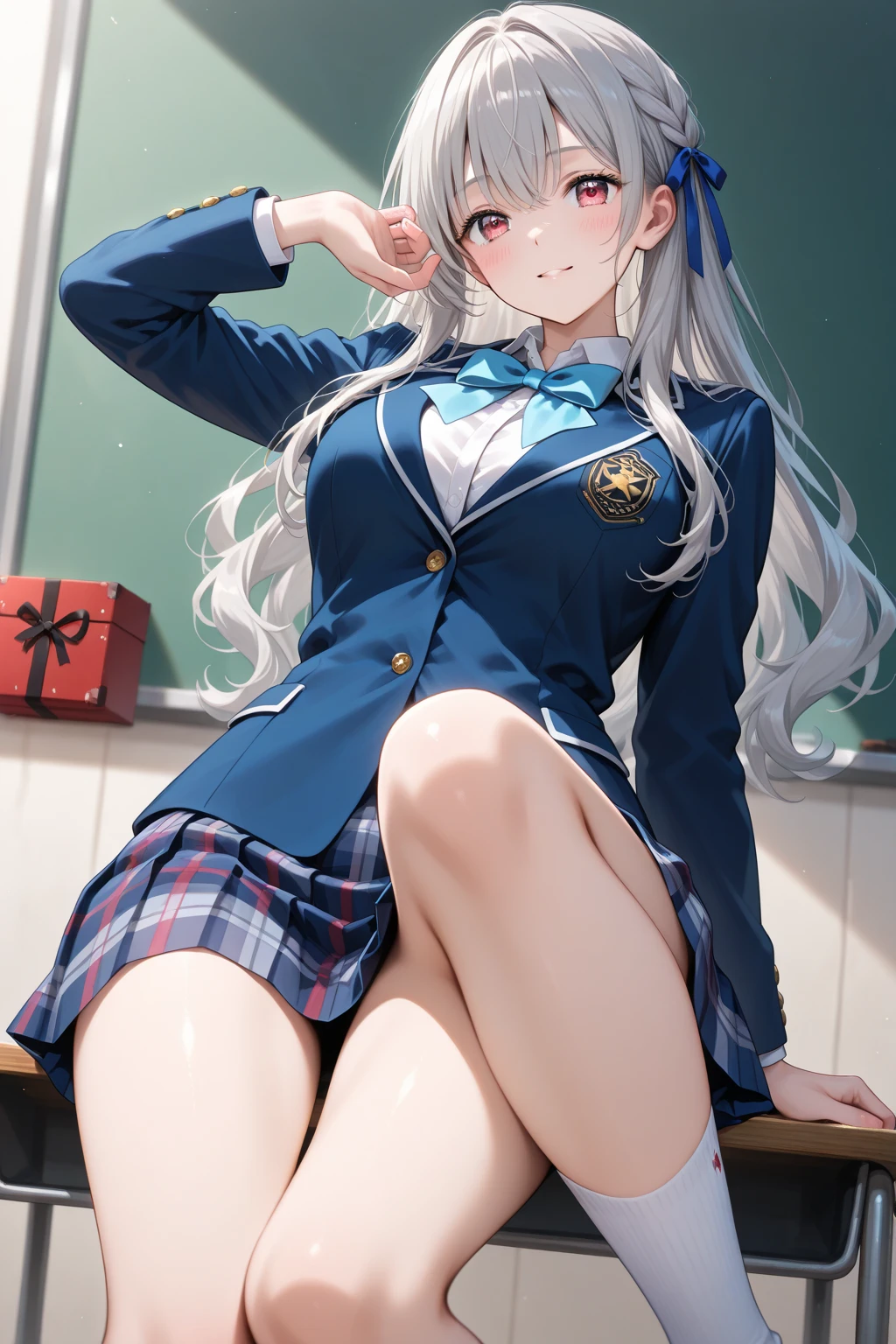 (((stand with feet apart、Shooting from below、Lace panties))、(((Accentuate the crotch)))、Highest quality, 8k, masterpiece :1.3)), whole body, Sharp focus :One Girl,Glowing Skin,SSexy pose,Highest quality,Tabletop,shape,Very delicate and beautiful,Hmph,8k壁紙,wonderful,In detail,Official Art,Very detailedなティッカーUnity 8k壁紙,Incredibly ridiculous,Large file size,Very detailedな,High resolution,Very detailed,Beautiful detailed,Realistic,X-ray,The queue is full,(((Uniform Blazer、mini skirt)))、(((Big Breasts、Silver Hair)))、(((School、classroom)))、Stand upright、Cleavage , ((Silver Hair))、Uniform Blazer、Sexy pose、Hairstyle: Long Hair、both hands、