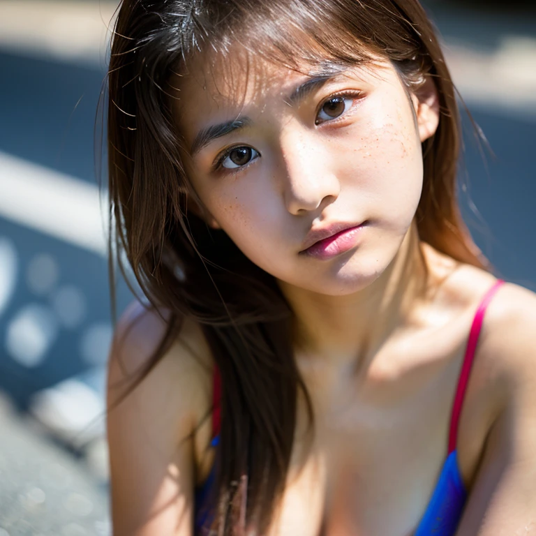 a bikini cheerleader girl in audience seat, crowded stadium, absurd costume, beautiful face, beautiful lips, golden long hair, sweating, cleavage, colossal tits, smiling, holding pompom, high quality, 8k resolution, extreme detailed, professional photography