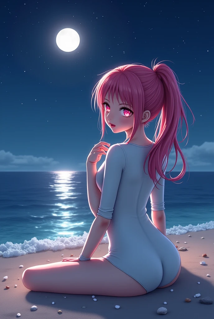 1 girl, (medium boobs))) (((big ass))), (mischievous smile), (showing teeth), (((wearing short bikini))), (long pink hair), (((eyes blue))), (on the beach at night with a starry sky and a moon full of blood), (slender), (thin waist), (butt only), legs (slim and muscular), muscular belly, bare feet, ((( full body photo))), showing her ass to the public, twintails, sparkling eyes, eye reflection, sulking, anime, anime style, ray tracing, sparkle, drop shadow, panorama, Sony FE, 8k, UHD, masterpiece, ccurate , anatomically correct, super detail, best quality, highres, HD, 16k