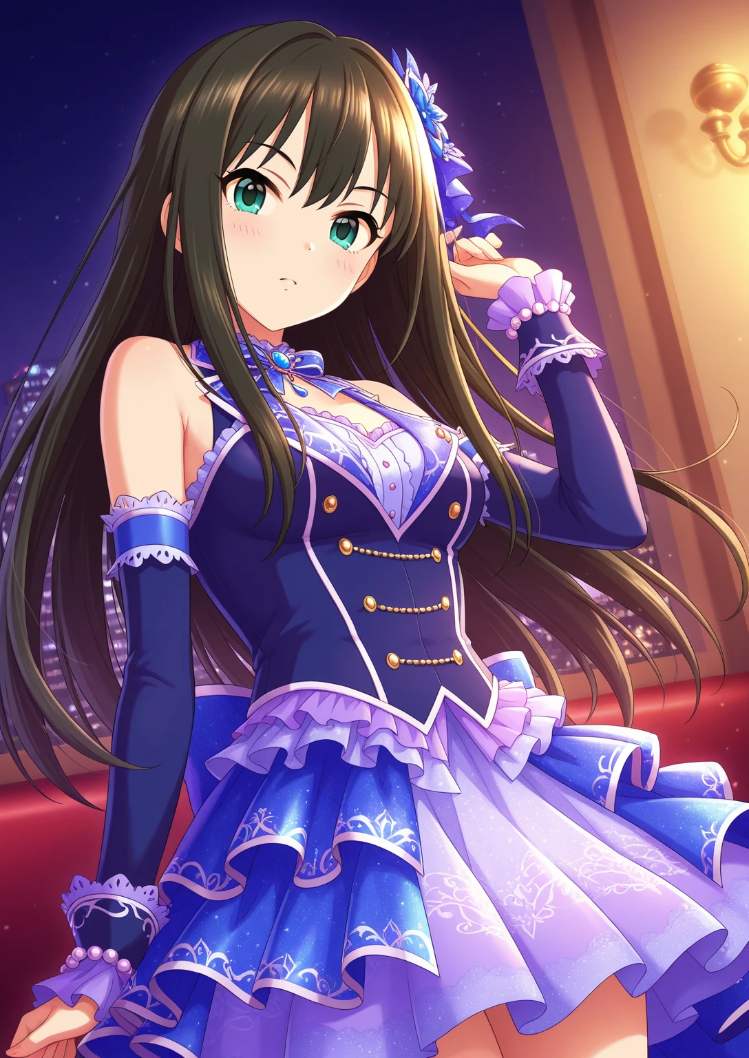 photo of a iom girl, (masterpiece:1.1), (best quality:1.16), (highres:1.1), (ultra_detailed:1.16), Idol1girl, cant be this cut, (((strapless dream twinkle dress))), ((concert hall)), ((marvelous illustration)), (detailed splash),
