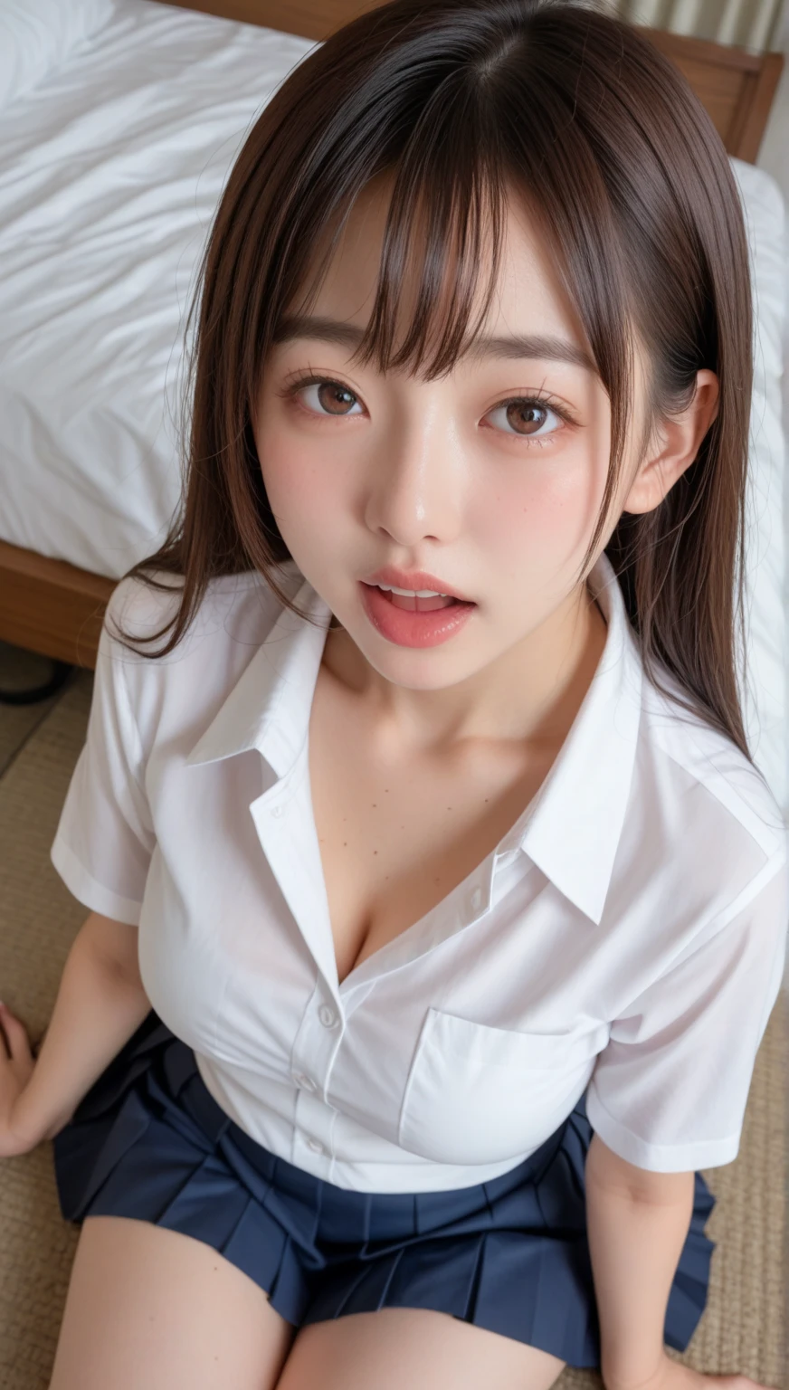 Japan girl, girl in her twenties, just good breasts, perfect breasts, perfect skin, perfect, dark hair, brown eyes, office lady, navy suit top and bottom, unbuttoned light blue shirt, pink underwear, bed, on all fours, looking from above