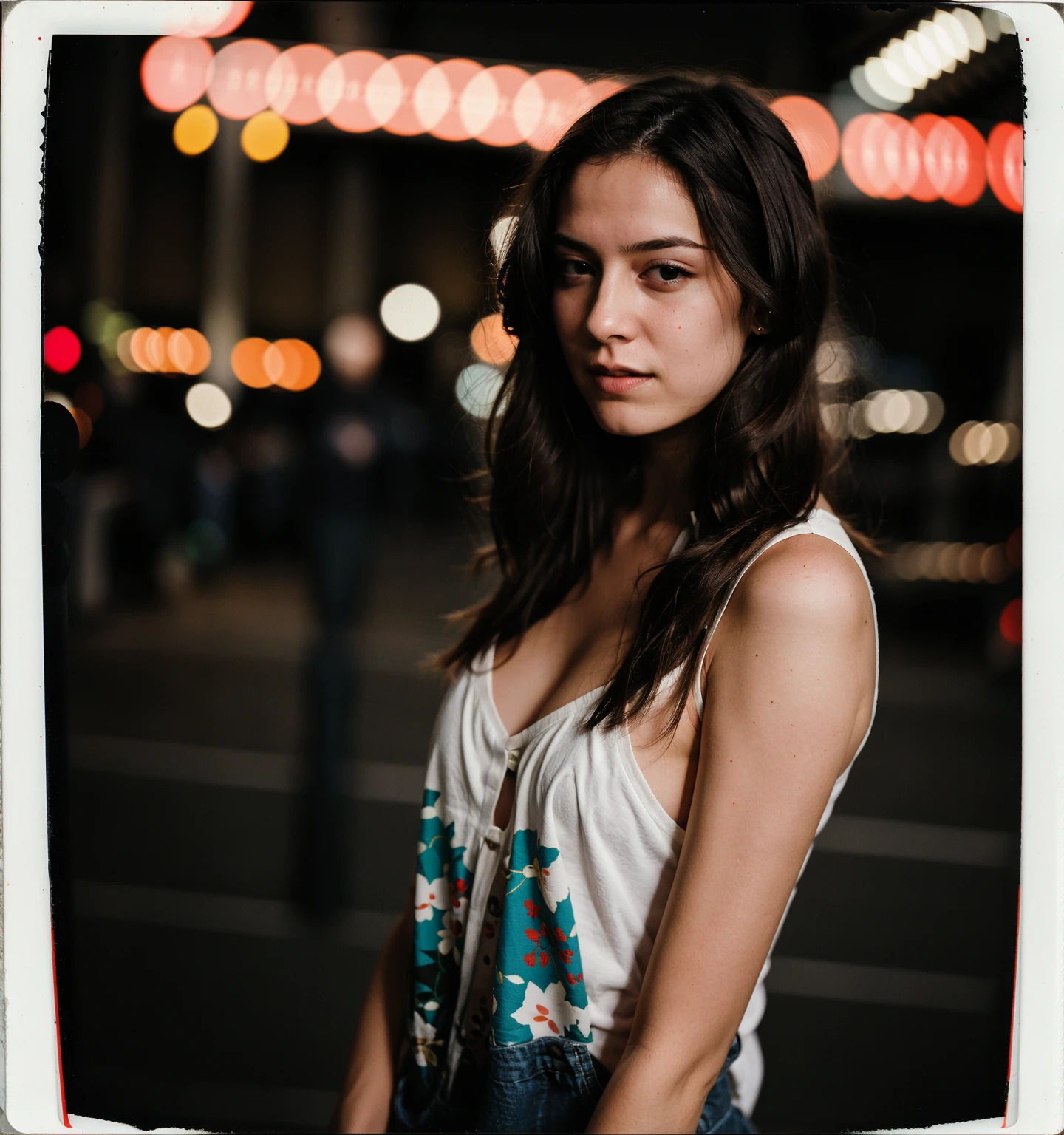 Polaroid expiré d&#39;une fille aux long cheveux brun , round face and blue eyes in a nuit city , Flash d&#39;appareil photo, futuriste, Romantique, tons de bijoux, flou de mouvement, nuit, flou et flou, photo en noir et blanc, ISO 100
