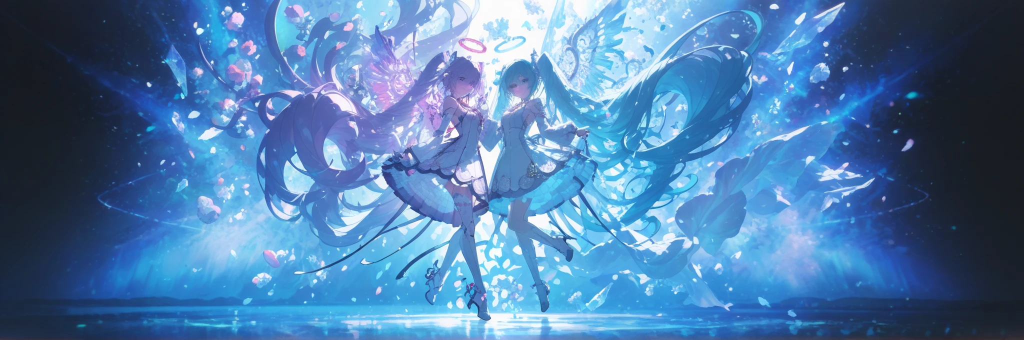 a anime girl with rainbow hair, rainbow eyes, colorful outfit, BanG Dream style, full body kils anime girl have black conflict hair, black eyes, long hair, Compared to her regular and Axium forms, Tairitsu now has much longer hair, with the longest segments nearly , sports some blue butterflies, most likely Blue Morpho butterflies with one of them carrying a blue lamp. She also has a long black ribbon in addition to her umbrella, and her hair is now in two sharp buns resembling a tornado, which is related to her name: Tempest. Besides that, there is now some sort of blue-black crystal following her around, similar to the obsidian-like glass reaching her feet and some shoulder-length face-framing layers. The ribbons in her hair are black with gold trim, and two roses — one light blue and one black — are attached to each. She wears a black dress extending to just above the knee, with long sleeves that are cut out past the elbow. On top of this, she wears a multi-layered pleated capelet with gold trim, as well as a gray frilled collar and a black ribbon matching those in her hair, complete with light blue rose and spade ornament. What appears to be a white blouse with lace trim running down the center covers her chest; a dark blue corset with gold clasps, ornaments, and trim, complete with a matching blue bow, separates this from the lower half of her outfit. Gold bows are attached to either side of her skirt; a black ribbon is tied at the back of her waist and ends in a pair of ring ornaments with a spade motif. Her skirt is accented with a light blue stripe and gold trim similar to that found on her hair ribbons. Beneath her skirt, she wears off-white petticoats that are longer in the back. Her tights are medium gray; on her feet, she wears a pair of short gray boots with thick soles, dark gray bows, and gold scalloped trim. She holds a black parasol in her hands and is accompanied by two crows. outfit
