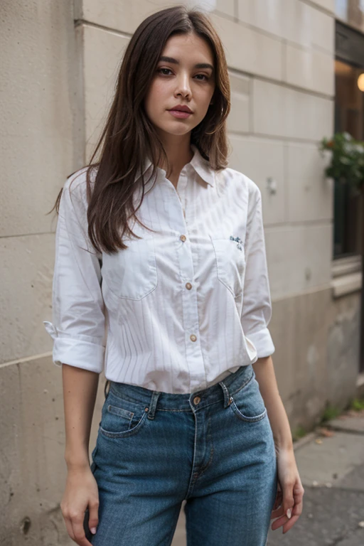 street fashion photography, photo of fay3, a beautiful woman wearing a collared shirt, walking, smiling, outdoors, city street, cowboy shot, detailed face, beautiful face, (freckles:0.8), full makeup, slim body, 8k uhd, dslr, soft lighting, high quality, film grain, Fujifilm XT3 sharp focus, f 5.6, high detail, sharp focus, dramatic, <lora:fay3_SD15:1>