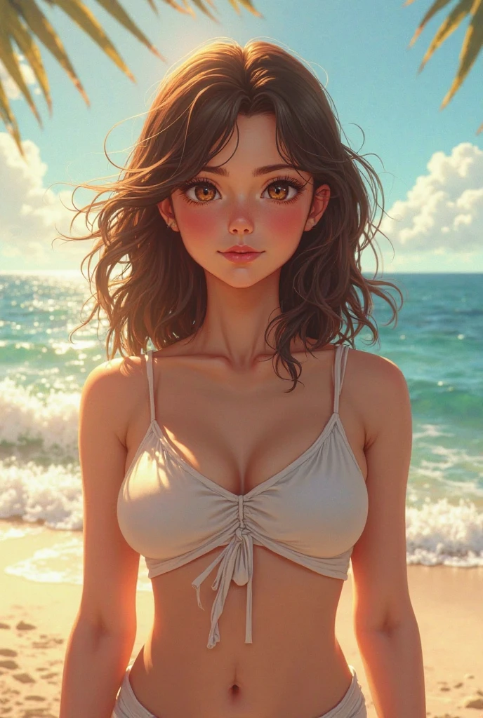 (photorealism:1.2), cartoon beautiful woman, short hair woman Tan skin, wearing a tank top, big breasts.