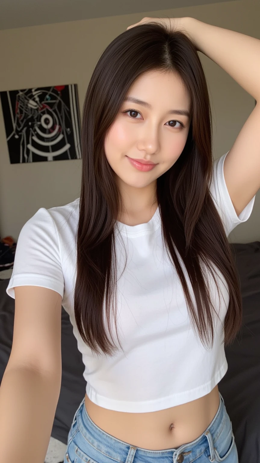 Full body angle、((highest quality, 8K, masterpiece:1.3)), concentrated:1.2, Perfect body beauty:1.4, Hips:1.2, ((Delicate Hair)), (Colorful cross neck slim fit t-shirt for women、 :1.1) , ((highest quality、8K、masterpiece:1.3))、1 Girl、A sloppy smile、Esbian all over、Slim face、Big 、Beautiful woman、(Dark Brown Hair)、Long Hair、1.1、Flickering Valley、Detailed eyes、double eyelid、Blurred Background、超Slim face、Smile、Looking down、