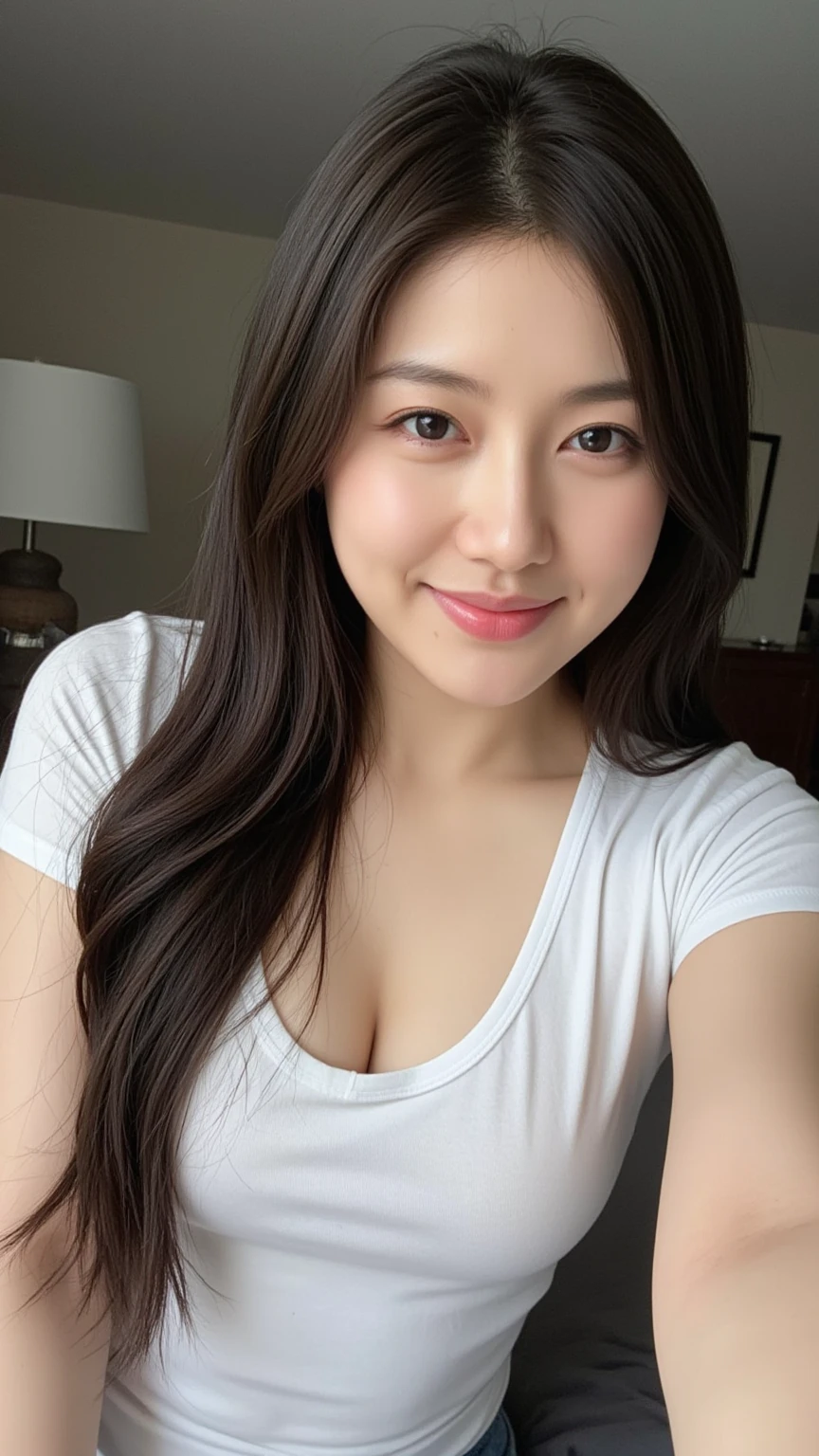 bed、smile、Short sleeve、high resolution、double eyelid、White teeth、Long Hair A well-proportioned Japanese face Thin eyebrows Brown Hair Black Bikini