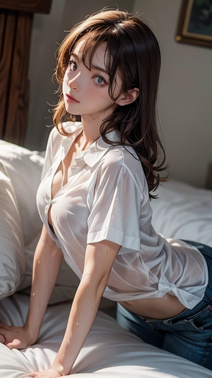 (Surreal), (figure), (High resolution), (8K), (Very detailed), (best figure), One girl, alone, Small breasts, She is trying to unbutton her white blouse,White underwear with gorgeous details, Changing clothes, Shyness,freckles,Mole under the left eye,