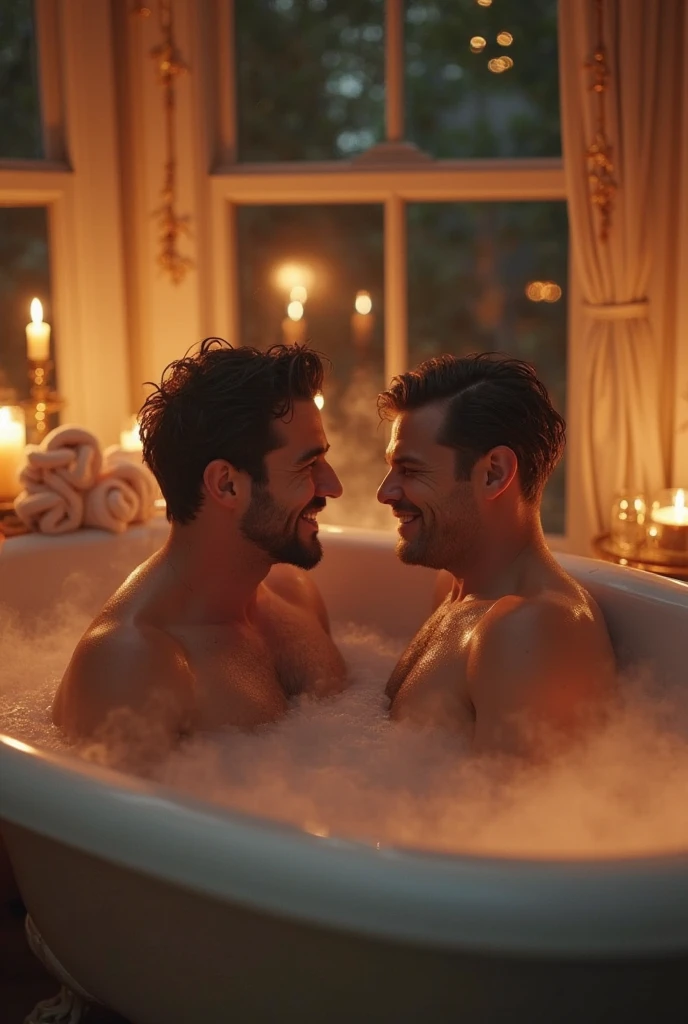 A teenager taking a bath with a big, hot man with his dick out