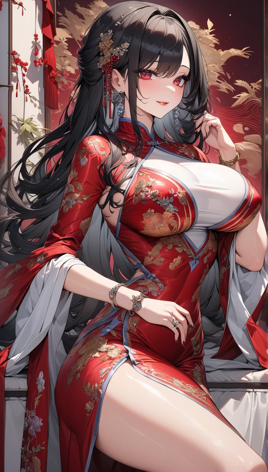 Masterpiece, Superb Body, Extremely Normal Body, Cave House Candle Night, Wedding Scene, ((Single)) Mature Woman, Chinese Style, Royal Sister, Chinese Costume Red Wedding Dress, Bun, Black Long-Haired Woman, Embroidered Shoes, Black Stockings, Red Lips, Gentle, Intellectual, Three Belts, Wedding Background, T囍, Red Lantern, Face Close-up, Face Close-up