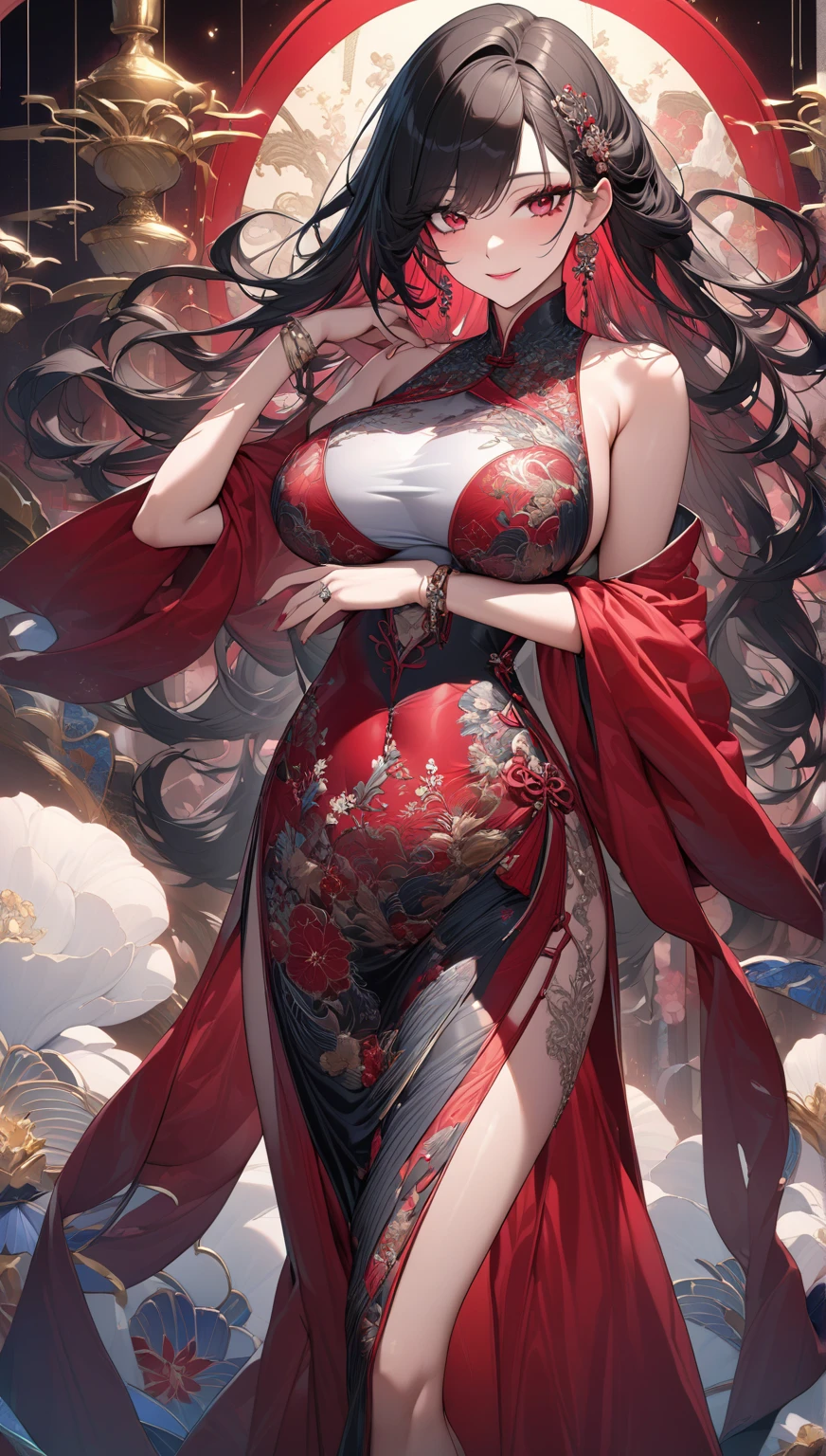 (best quality, ultra-detailed, realistic:1.37),portrait,voluptuous woman,flower,tight dress, Random dress color, passionate look,large buttocks,vibrant colors,soft lighting, standing, full body view, extreme tall, long legs, very tall, tall, 