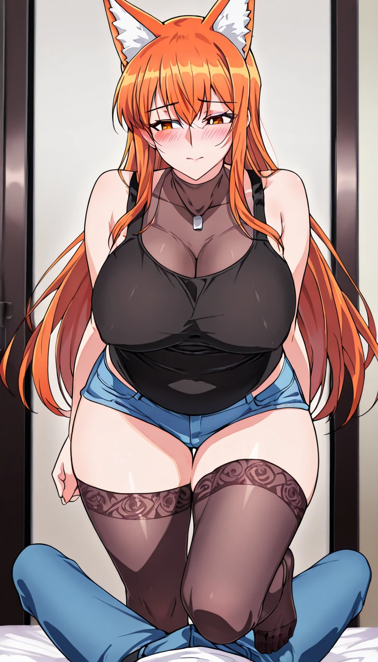 Code Geass, Kallen Stadfeldt 1girl, (((bimbo))), long red hair, puffy lips, painted lips, thick lips, wide hips, thick thighs, big breast, huge ass, revealing cleavage, erotic, Smile face, bubble butt, camel toe, Breasts, blue jeans, blue jeans, Black bra,