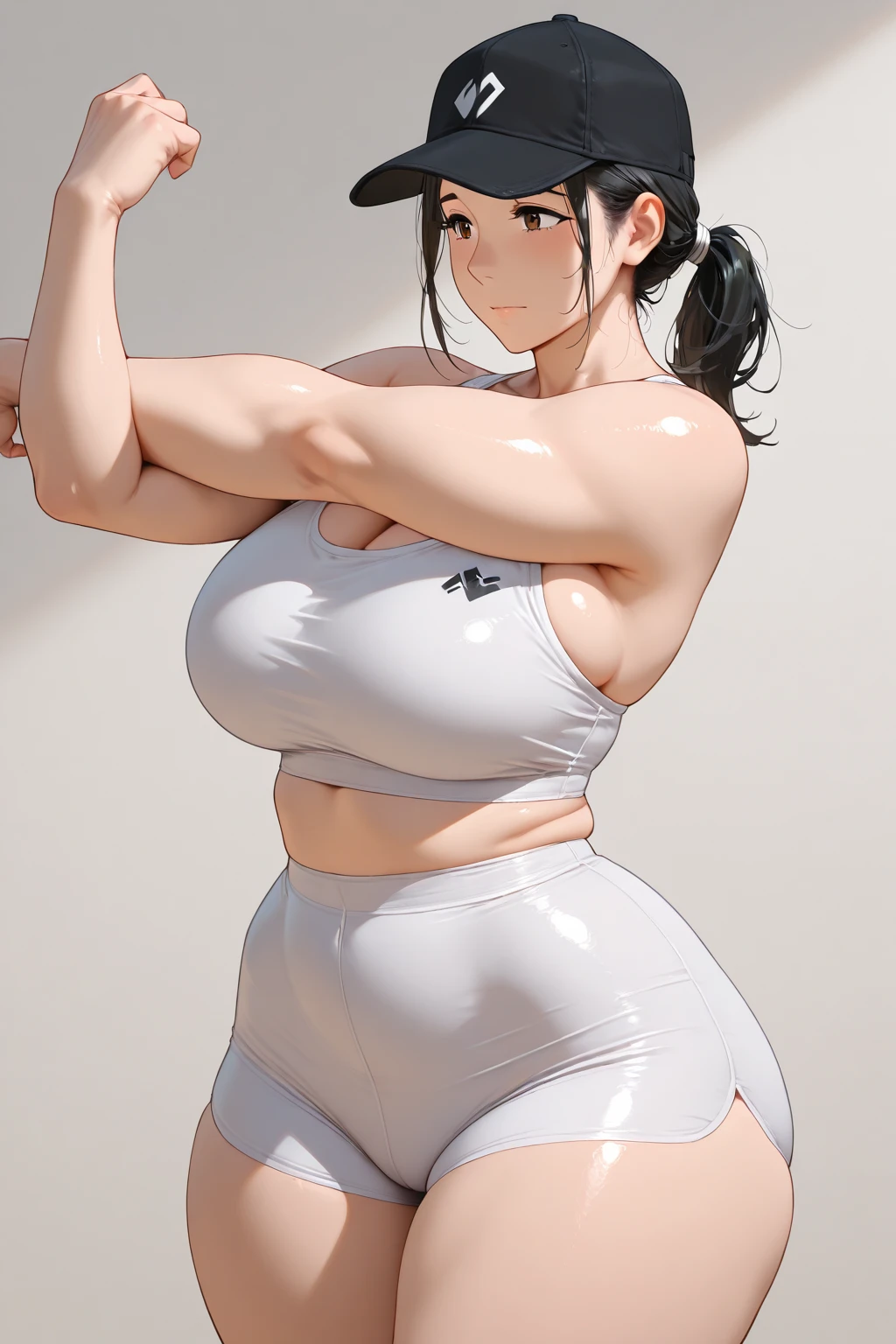 a girl, belly shot, sweaty, wet, gym, tight clothes, thick body, thicc, body only, perfect body,