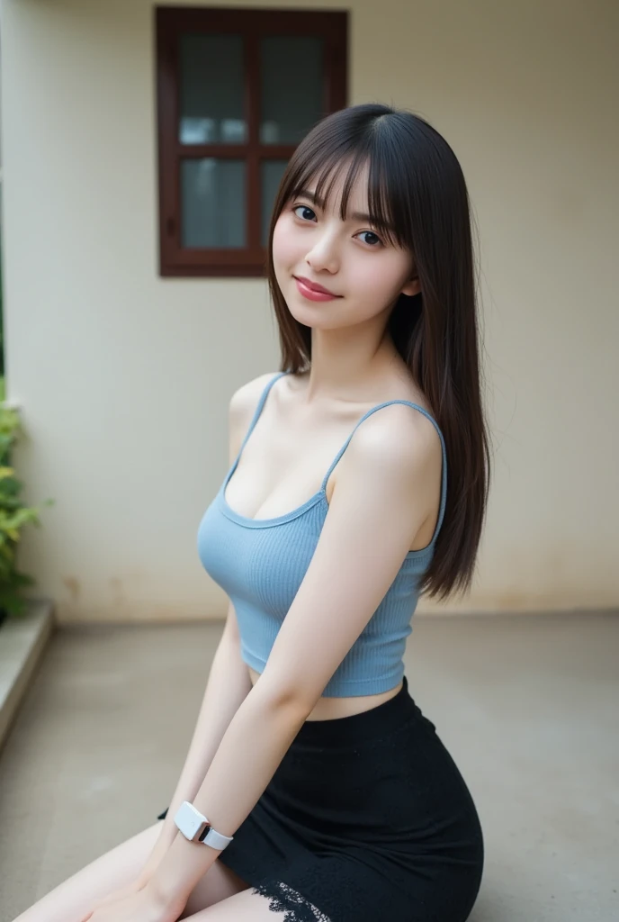 8K, Ultra-high resolution, Highest quality, masterpiece, 三分割法によるphotograph,Surreal, photograph, 1 Girl, (16 years old:1.3), pretty girl, Cute face, Beautiful eyes in every detail, 細かくdetailedに,masterpiece,, One Girl:1.2, Japan Female Announcer,whole body,((very small head:1.3)),Center-parted bangs,amount,Black Hair,Long Hair,Iris,Gorgeous eyes,smile,((Toned body,Slender body,skinny)),(Sports bra、Bra Top,Grey plaid pleated mini skirt),Beautiful leg line beauty,Captivating thighs,Glowing Skin,Shiny skin,Climbing the stairs,Fire escape in a building,Full of sex appeal,Sensual,屈託のないsmile,Heal the heart,Low - Angle、beauty,Long neck、Laugh a little、Please close your mouth and laugh、(((Ideal body type))),A cup small breasts :2,、Portraiture:2、Perfect Anatomy、鮮明なdetailed、detailed、Surreal、Light and shadow,Strong light