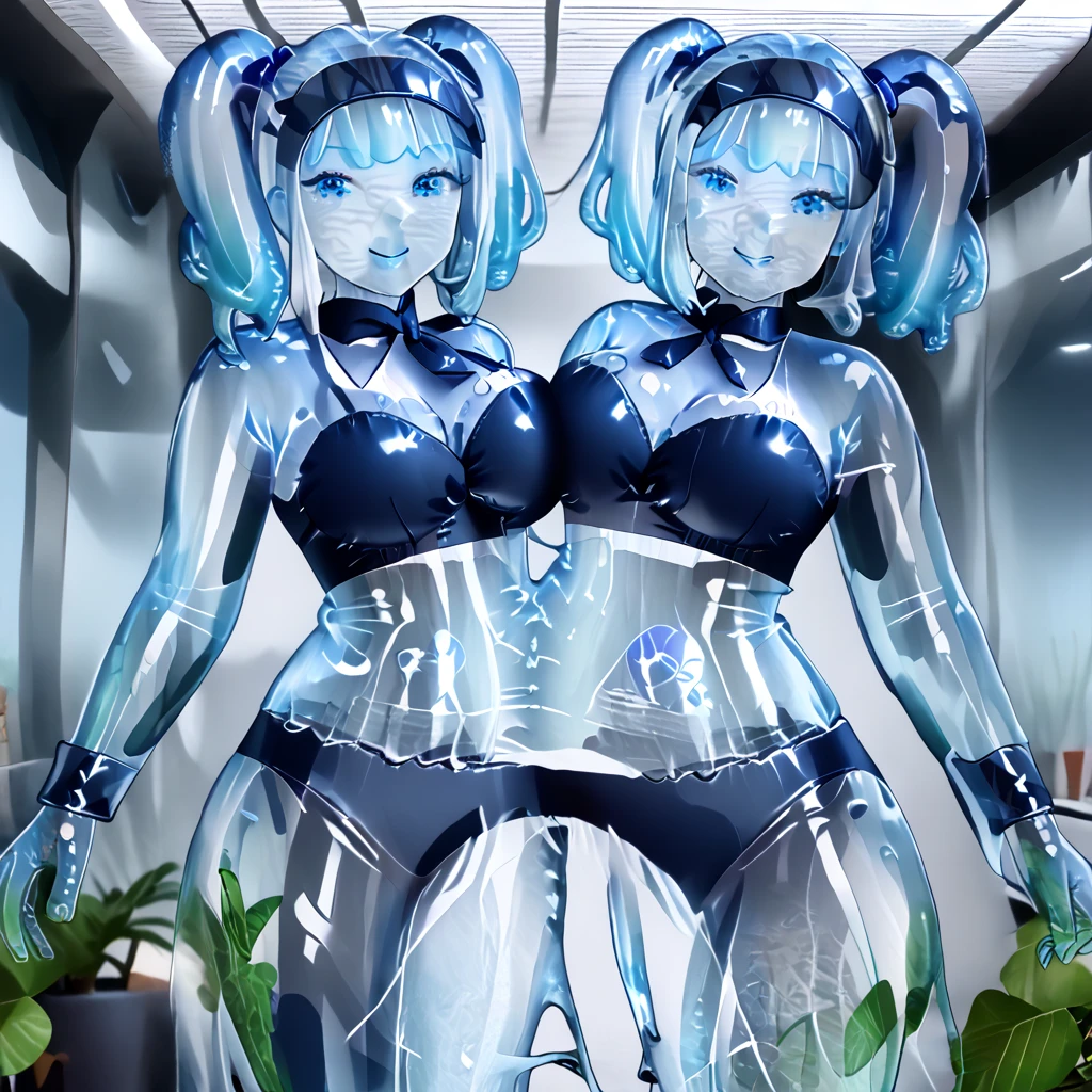 Mass-produced Android housewife assembly line. Display case. Silver skin, silver hair, blue eyes, nsfw