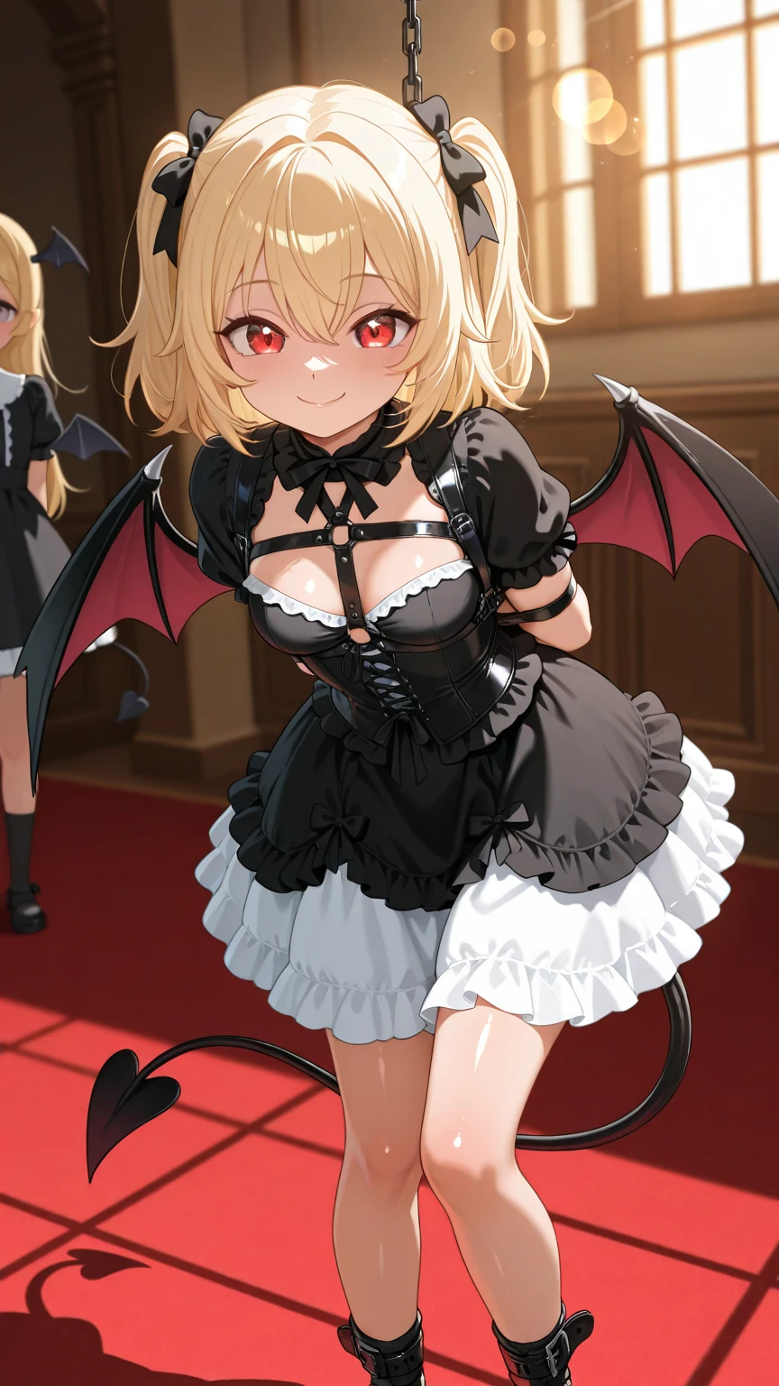 tmasterpiece,high high quality,1girlhugebreasts,solo,hugetits,bob-cut hair,inside room,(A half body:Above thighs),(hair between eye),(Hairstyles:Elf short hair),Bat wings,Disappointed face,looking looking at viewer,(pantyhose)