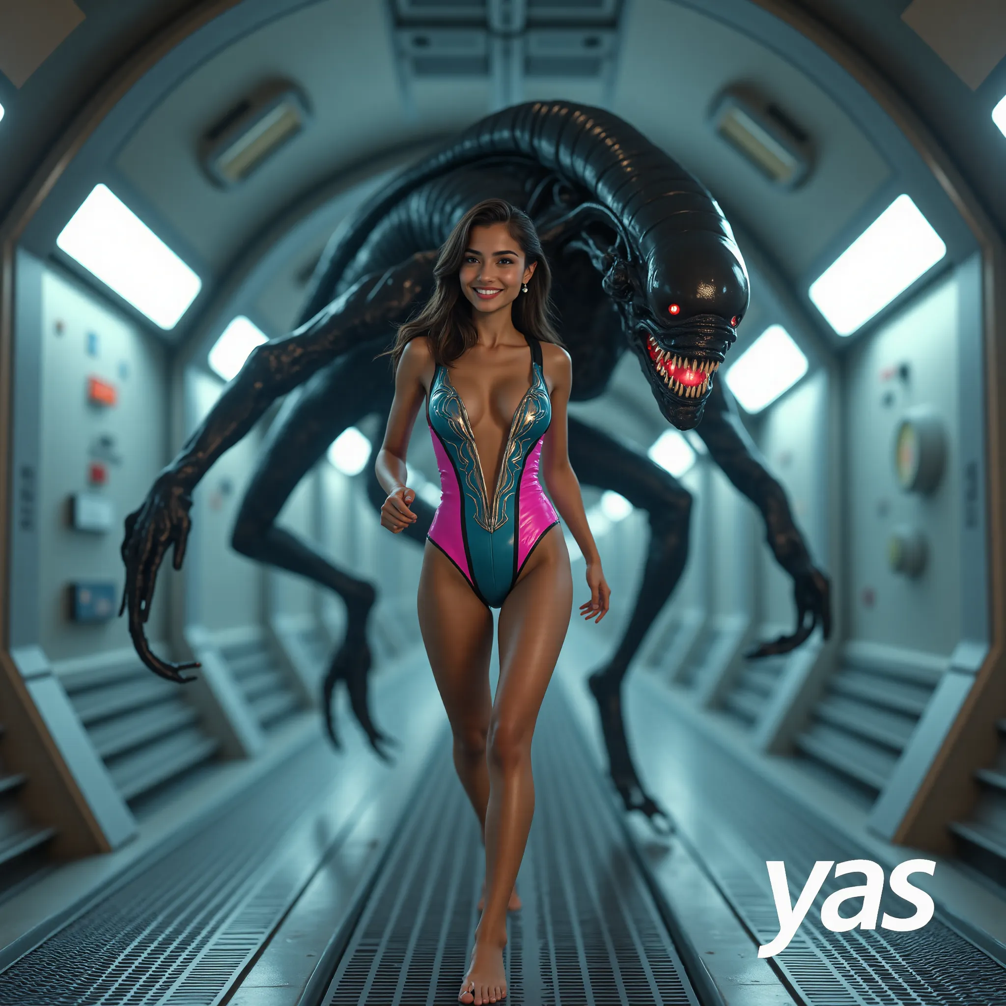 Movie poster style 'The FLY: BE AFRAID, BE VERY AFRAID' across the top of the screen in melty horror letters. (busty woman in a sexy 'Fly' costume is emerging for a foggy well lit doorway