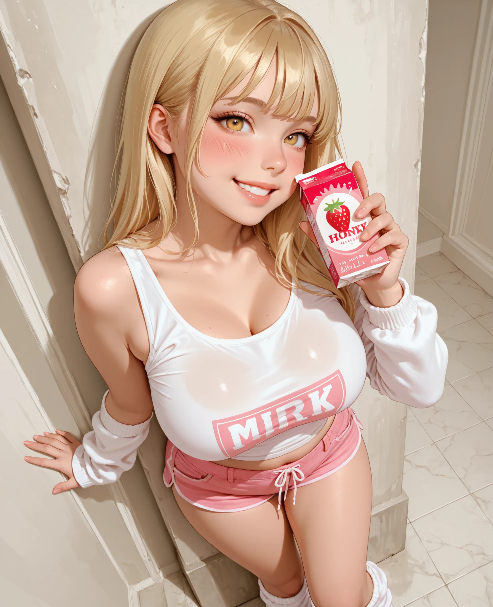 hyperrealistic 14 year old american teen, blonde, perfect tiny body, sexy, dark makeup, perfect slim face, big red lips, very cute face, tiny body, big eyes, young looking, childish looking, tight red dress, dinner ,Holding a cup