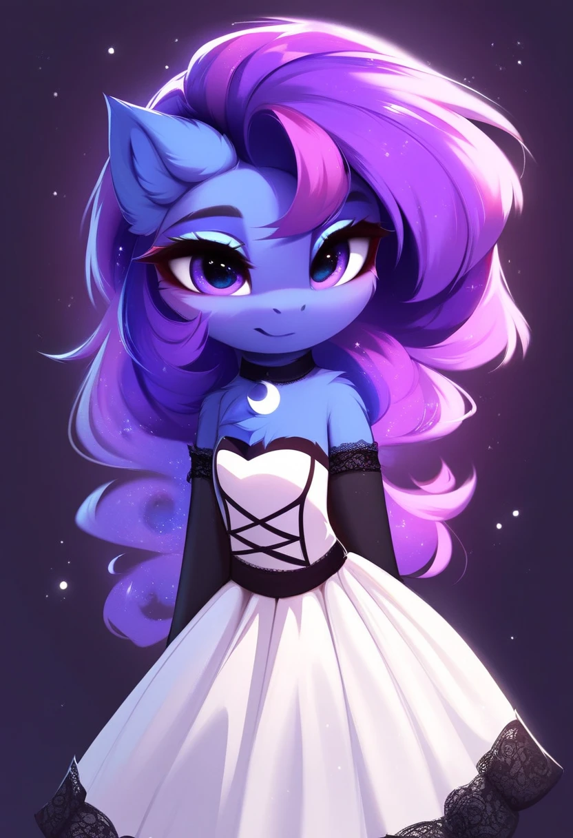 (score_9), (source_pony), (solo), ((anthro flurry heart fusion merged nightmare moon:1.1)), open garden, (sexy dress), looking at you, cleavage, sexy, sensual, looking at viewer, (cartoon artstyle), (high detail shading