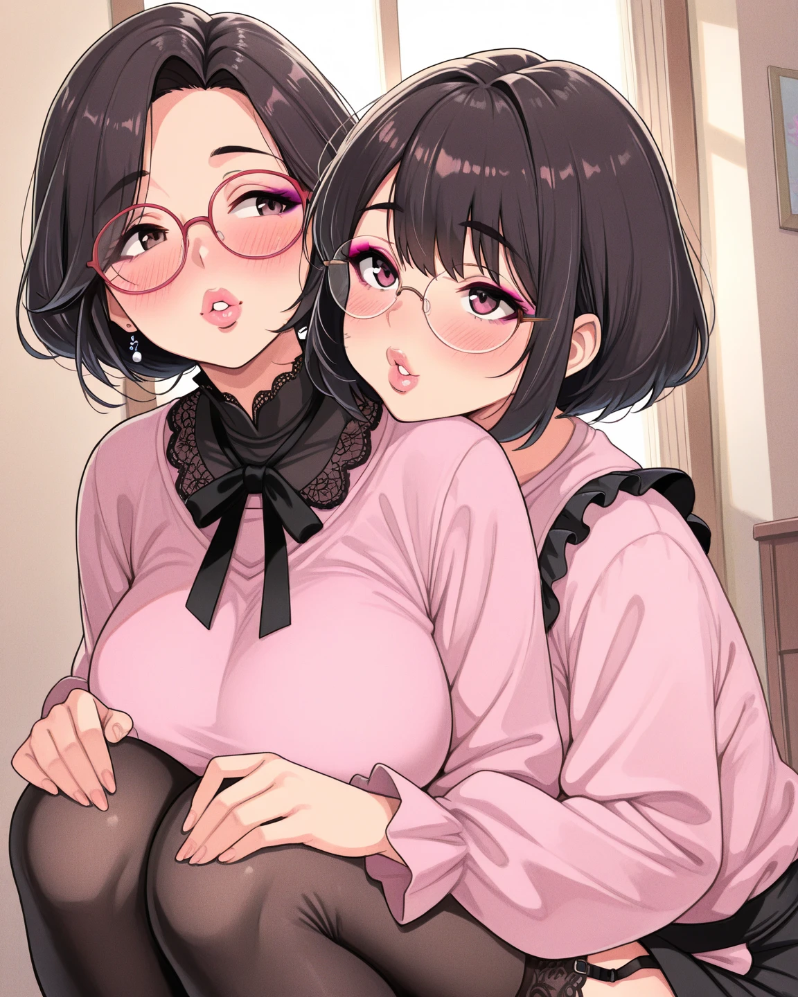 8k, Two beautiful mature Japanese women aged 55, Two married women, Long eyelashes, Bob Hair, Red lipstick, Pink Cheeks, Pearl Necklace, Earrings, Dark eyeshadow, Wearing glasses, Cleavage, Nipples and nipples, Intense deep kiss, Tongue to tongue, Drooling, Sweat, Lesbian, Sex, Pussy Juice, Love each other, Pink Background, ((Focus on the whole body)),