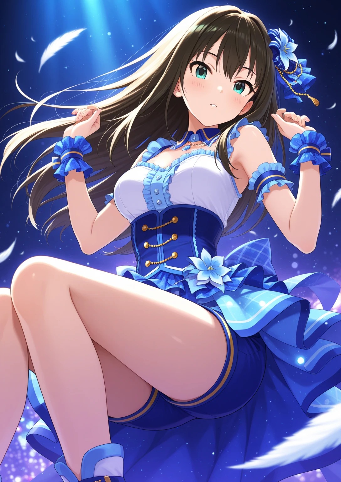 masterpiece, best quality, vivlos \(umamusume\), horse tail, hat, white sailor collar, bare shoulders, blue ribbon, small cape, strap, anchor ornament, bodystocking, belt, bare knees, white pleated skirt, white boots, smile, arm up, armpits,