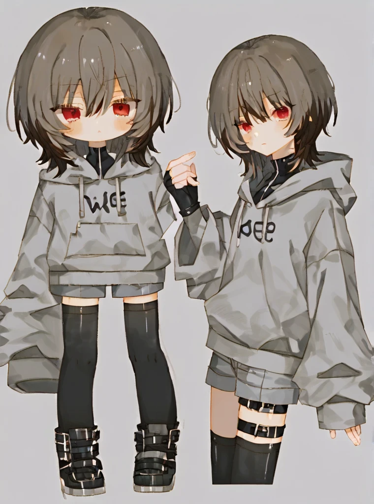 one boy, toned, flexing, sharp big cat ears, cat tail, big black messy hair, extremely vibrant red eyes, masterpiece, vibrant, micro thong , slim dark black hoodie, full body view, neutral face, black thigh socks, combat boots.