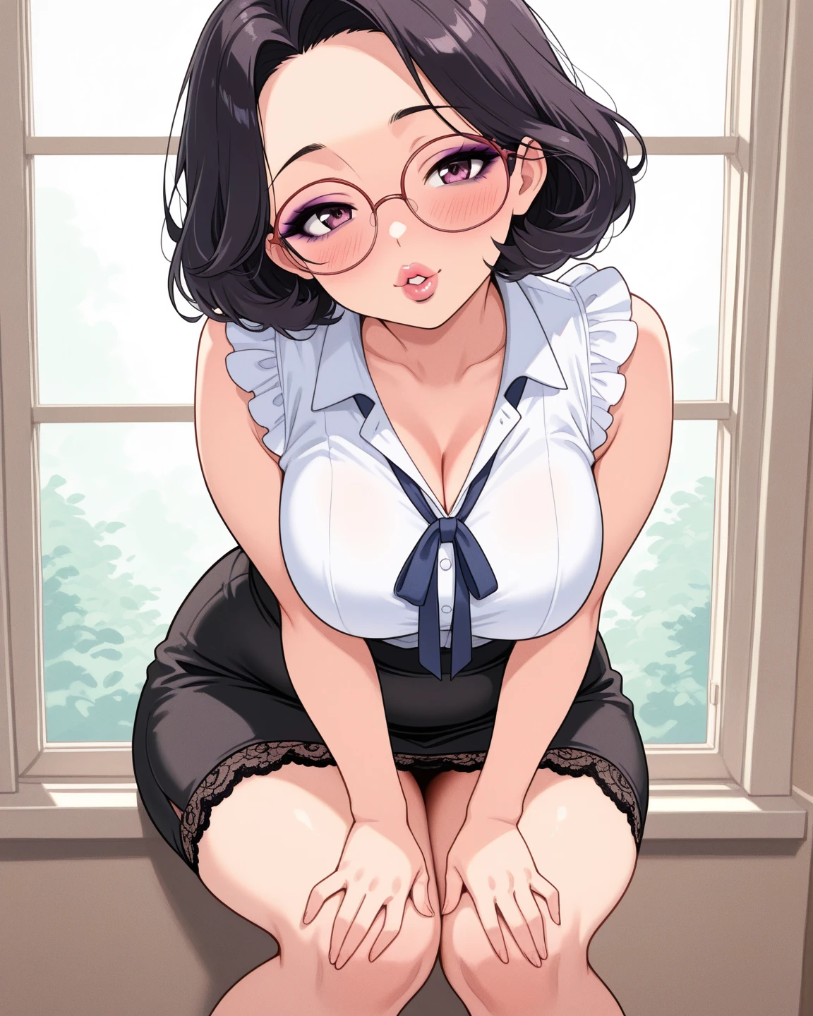 ((from front,front face)),(((nsfw))),1girl,masterpiece,best quality,beautiful detailed glow,film Reflection, Voluptuous,glamorous,Chubby,thicc,curvy,Leggy,Tall,hanging breasts,1 grandma,glasses, virgin killer sweater, (sweater dress:1.2), ribbed sweater,sideboob,cleavage cutout, turtleneck sweater,(white sweater:1.3),crop top navel,from front,front face, squatting,Lie on your back,spread legs,hands up,(lying, on back:1.5),(((public hair))),(35 year old woman,mature female:1.2),Detailed beautiful eyes,looking at viewer,makeup,(((chignon))),moody face,((bashful,embarrassed)),(((condom in mouth))),fishnet tights,extremely detailed pussy,

