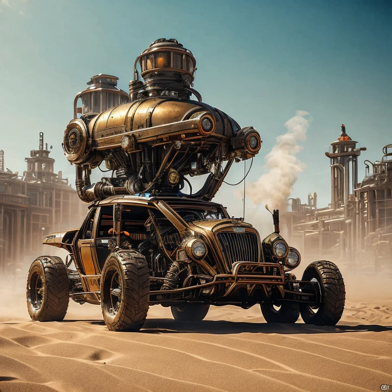 Immagine 8k, details 
The image shows in the same image a steampunk dune buggy and its complete Transformers type version,in a dusty desert with very detailed and realistic industrial structures in the distance
 The dune buggy is in its vehicle form: polished brass and copper colored metal body, multiple exhaust pipes that emit black smoke and a robust design with knobbed wheels. You can see details such as front grilles and vintage headlights,the side with a look at the car the same Dune Buggy is transformed into an impressive robot. Its metal parts have been reorganized to form a humanoid body with articulated limbs. Dal suo corpo, while its bright eyes stand out on the mechanical face. The robot maintains the steampunk aesthetic with rivets, visible tubes and gears.
Sfondo:The two subjects are immersed in a post-apocalyptic desert atmosphere, suggesting a world where ancient and futuristic technology merge with very detailed realistic