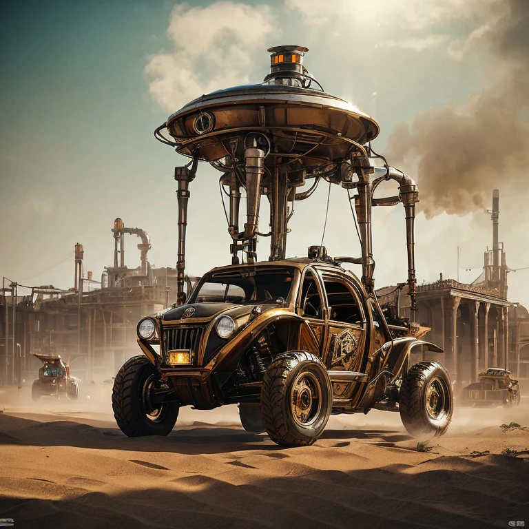 Immagine 8k, details 
The image shows in the same image a steampunk dune buggy and its complete Transformers type version,in a dusty desert with very detailed and realistic industrial structures in the distance
 The dune buggy is in its vehicle form: polished brass and copper colored metal body, multiple exhaust pipes that emit black smoke and a robust design with knobbed wheels. You can see details such as front grilles and vintage headlights,the side with a look at the car the same Dune Buggy is transformed into an impressive robot. Its metal parts have been reorganized to form a humanoid body with articulated limbs. Dal suo corpo, while its bright eyes stand out on the mechanical face. The robot maintains the steampunk aesthetic with rivets, visible tubes and gears.
Sfondo:The two subjects are immersed in a post-apocalyptic desert atmosphere, suggesting a world where ancient and futuristic technology merge with very detailed realistic