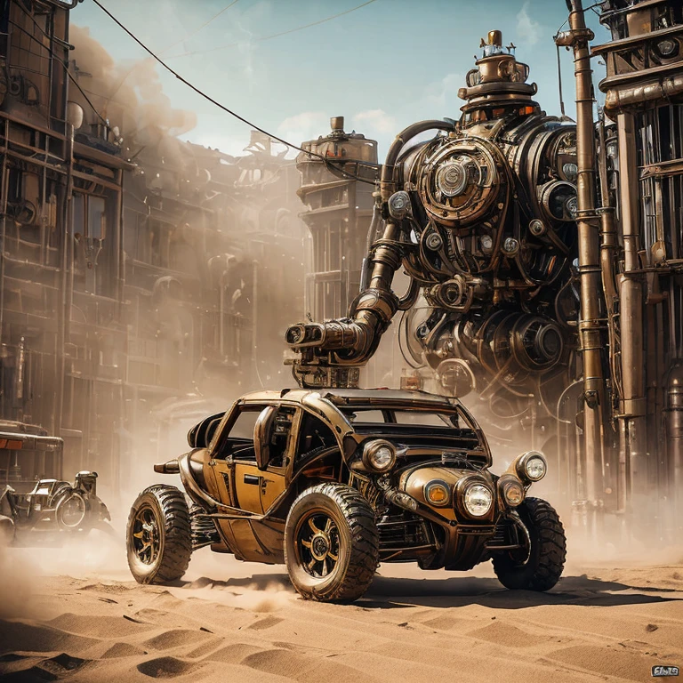 Immagine 8k, details 
The image shows in the same image a steampunk dune buggy and its complete Transformers type version,in a dusty desert with very detailed and realistic industrial structures in the distance
 The dune buggy is in its vehicle form: polished brass and copper colored metal body, multiple exhaust pipes that emit black smoke and a robust design with knobbed wheels. You can see details such as front grilles and vintage headlights,the side with a look at the car the same Dune Buggy is transformed into an impressive robot. Its metal parts have been reorganized to form a humanoid body with articulated limbs. Dal suo corpo, while its bright eyes stand out on the mechanical face. The robot maintains the steampunk aesthetic with rivets, visible tubes and gears.
Sfondo:The two subjects are immersed in a post-apocalyptic desert atmosphere, suggesting a world where ancient and futuristic technology merge with very detailed realistic