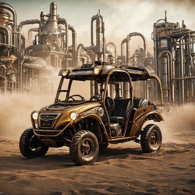 Immagine 8k, details 
The image shows in the same image a steampunk dune buggy and its complete Transformers type version,in a dusty desert with very detailed and realistic industrial structures in the distance
 The dune buggy is in its vehicle form: polished brass and copper colored metal body, multiple exhaust pipes that emit black smoke and a robust design with knobbed wheels. You can see details such as front grilles and vintage headlights,the side with a look at the car the same Dune Buggy is transformed into an impressive robot. Its metal parts have been reorganized to form a humanoid body with articulated limbs. Dal suo corpo, while its bright eyes stand out on the mechanical face. The robot maintains the steampunk aesthetic with rivets, visible tubes and gears.
Sfondo:The two subjects are immersed in a post-apocalyptic desert atmosphere, suggesting a world where ancient and futuristic technology merge with very detailed realistic