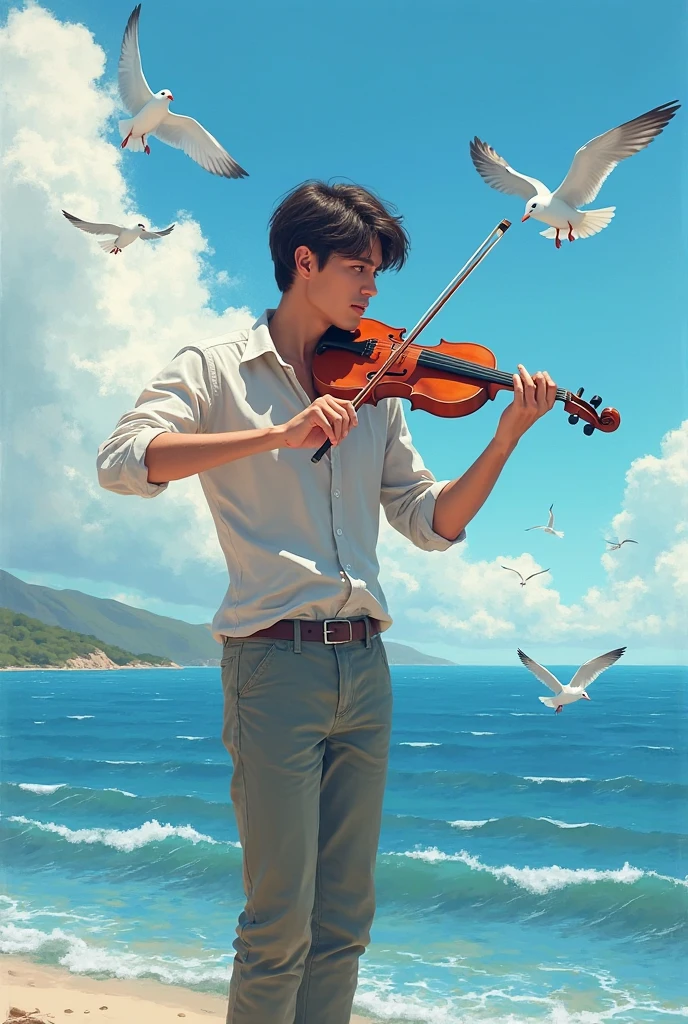 Ultra detailed illustration, ((a young man in Roberto Ferri style, Latino, slim toned fitness body, defined muscles, perfect anatomy, short black wavy hair, Roman nose, thin lips, square chin, diamond shaped face, barefoot, shirtless, wearing orange and green shorts, standing playing the violin) (black and white Chinese painting style background, you can see the Great Wall of China, ancient fishing boats at sea) evokes masculine beauty and art.