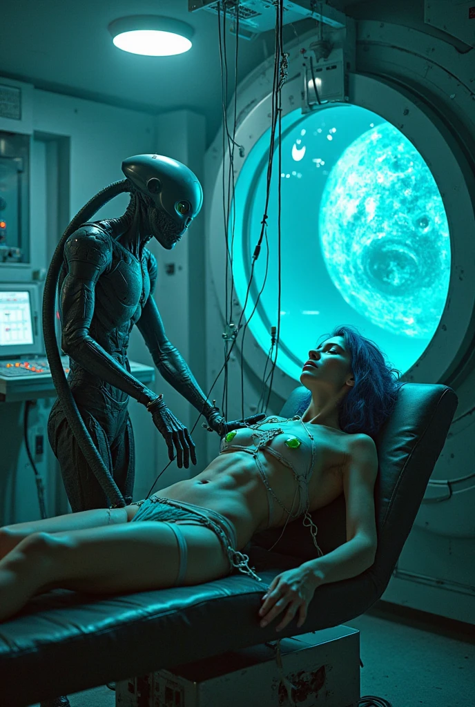 In a spaceship, A humanoid alien pulls a beautiful, sleeping, naked, young European brown-haired woman out of a metal polystyrene capsule, The woman has a barcode tag on her arm, On one side there are other capsules with women, There is a sign hanging that says "SIMULATORS", Hyper-realistic image quality