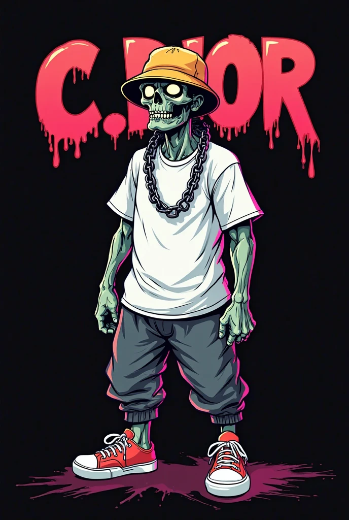 Skeleton in baggy urban clothing posing gangsta style with fingers, Behind a lowraider car green color with detailed graffiti on a completely white background, gangsta image, dynamic image, no shadows, detailed, 2D animated image in urban style